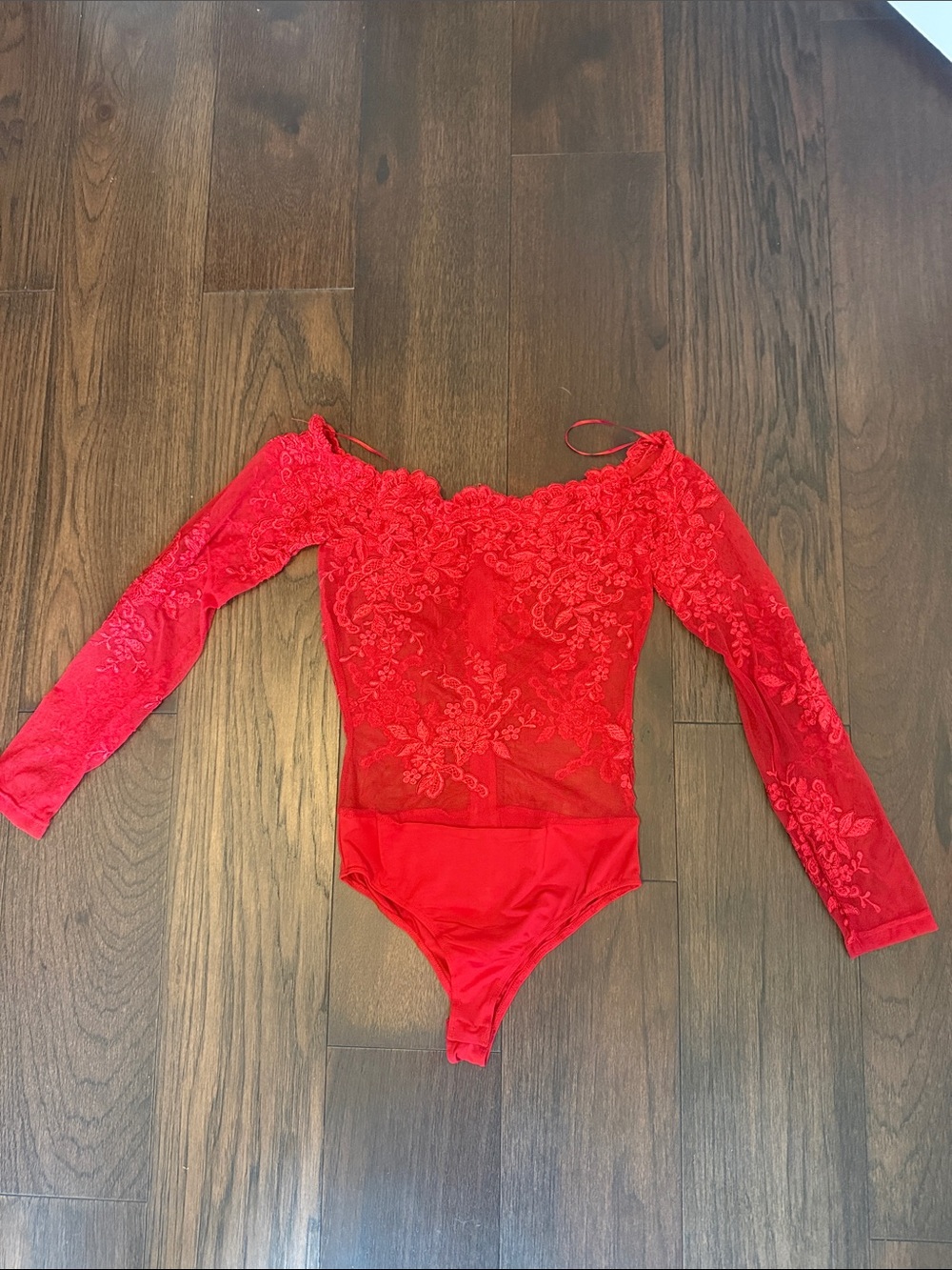 Red Lace Long-Sleeve Woman’s One-Piece Bodysuit